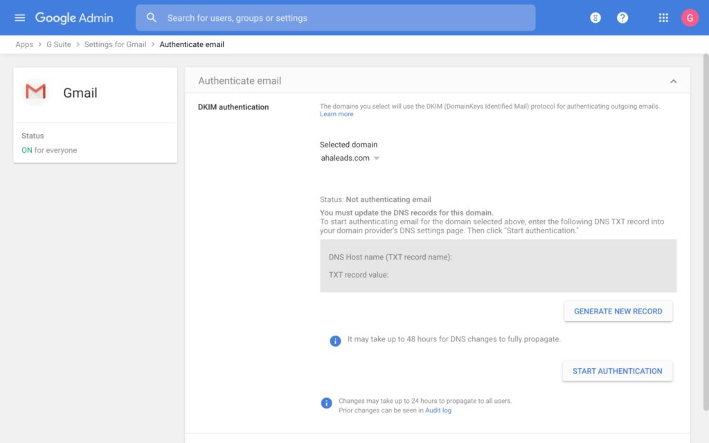 google workspace DKIM console