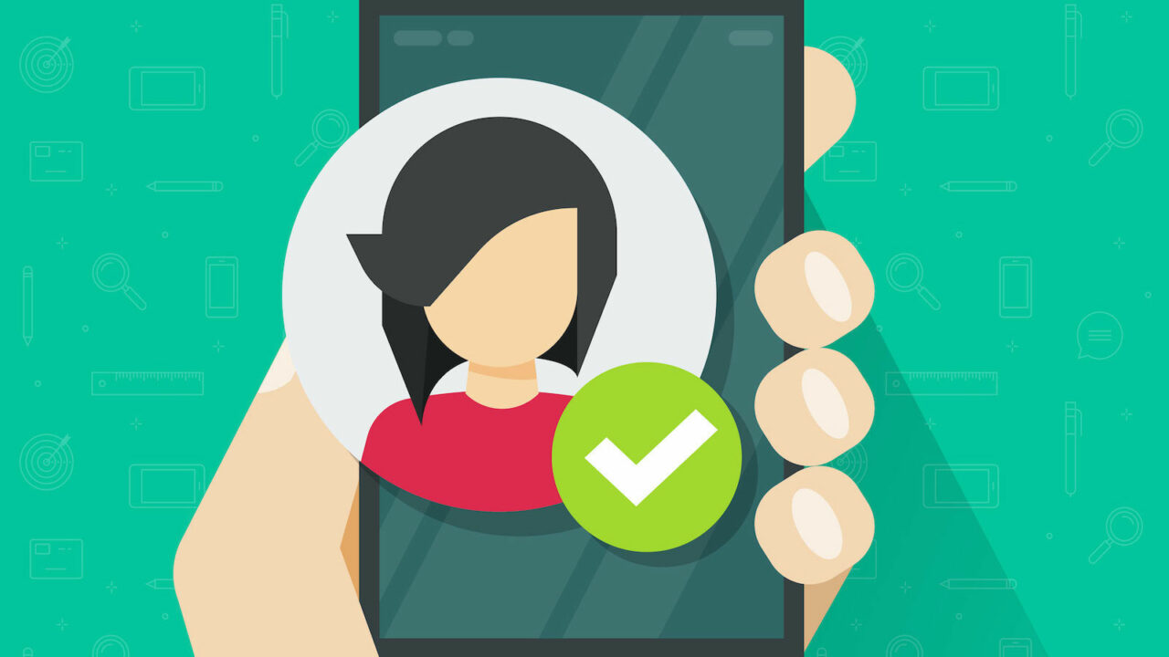 Identity proof via mobile phone vector illustration, flat cartoon verified person id on smartphone, cellphone with character face and checkmark, digital identification or authentication access