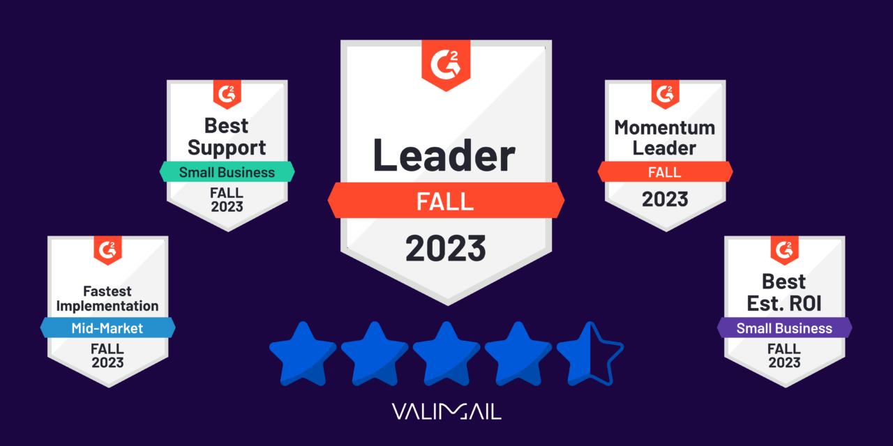 Valimail's leader badges from G2's Fall 2023 Report