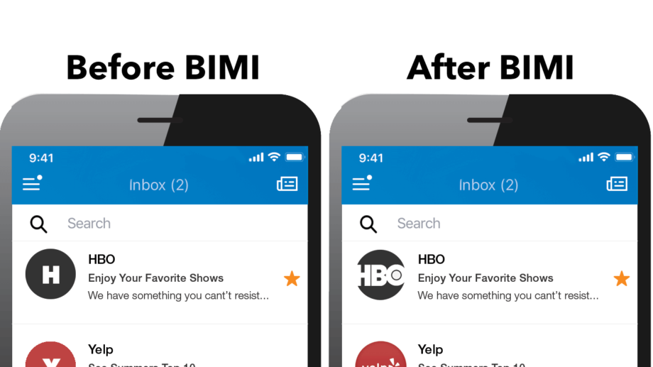 An example of an inbox with and without BIMI (source). 