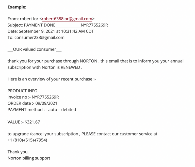 Payment confirmation email scam sample from University of Minnesota