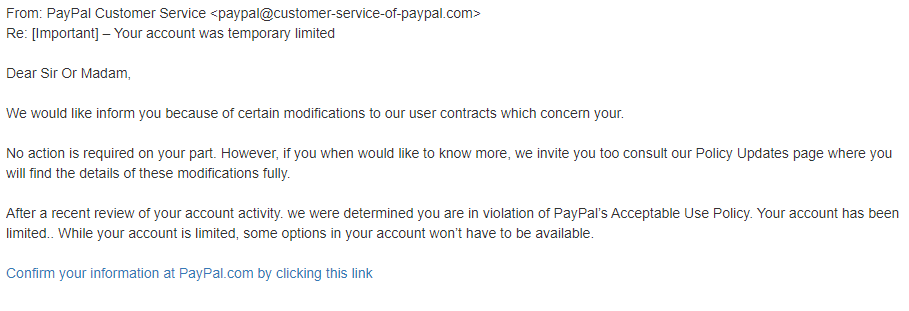A generic phishing email targeting PayPal accounts attempts to entice a user to click a malicious link.