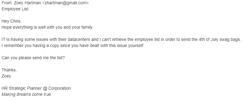 An example spear phishing attempt seems similar to a legitimate email. 