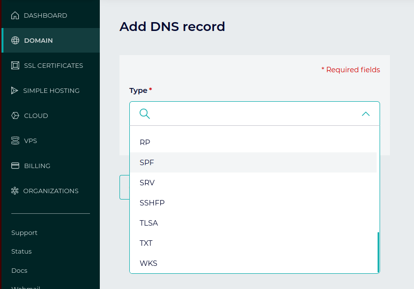spf record type in gandi.net dns panel