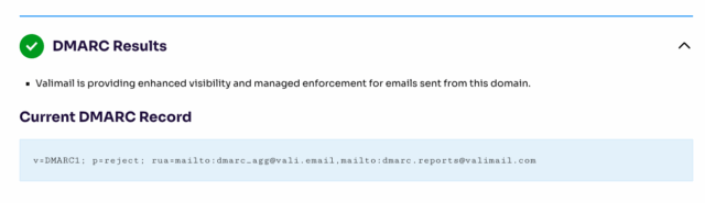 Valimail DMARC checker domain results example